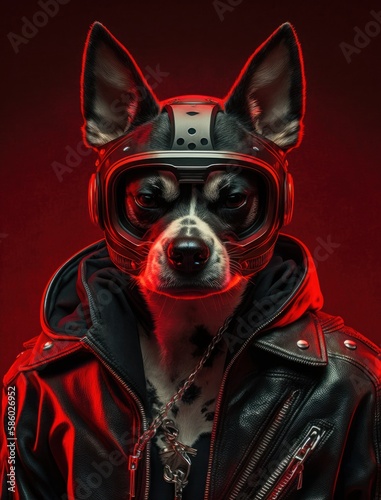Portrait of bad dogs wearing jacket on red background. Created Generative AI