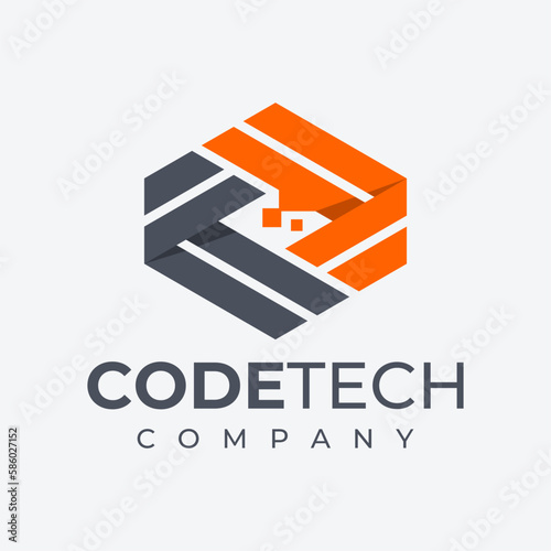 Modern technology pixel coding logo design brand