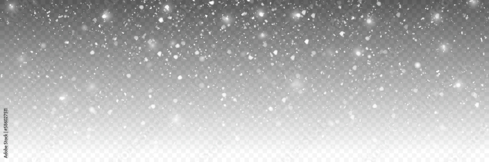 Snowfall isolated on transparent background.  Magic snowfall winter effect. Vector falling snow template