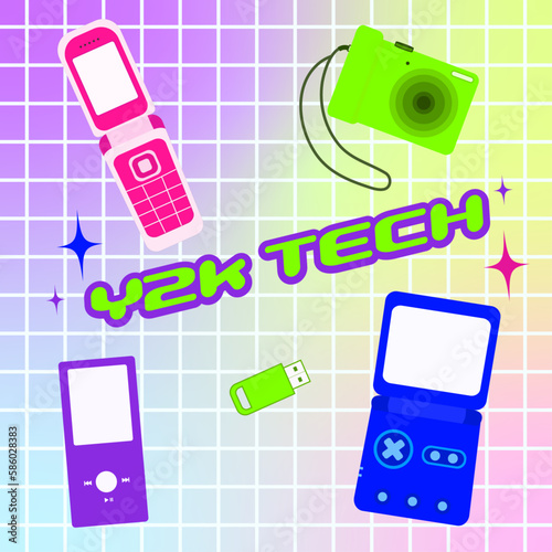 Y2K Technology Including Flip Phone, Clamshell Phone, Digital Camera, MP3 Player, USB Stick, and Portable Gaming Console on a Neon Mesh Gradient and Striped Background