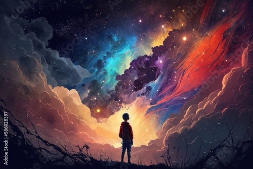 boy looking for a colorful galaxy in the sky. Generative Ai  