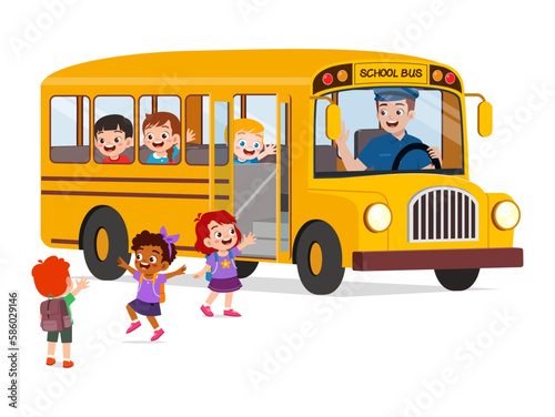 little kids boy and girl ride school bus and go home from school