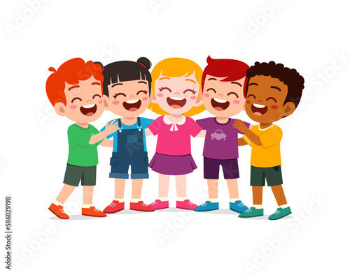 little kids huddle together with friends and feel happy