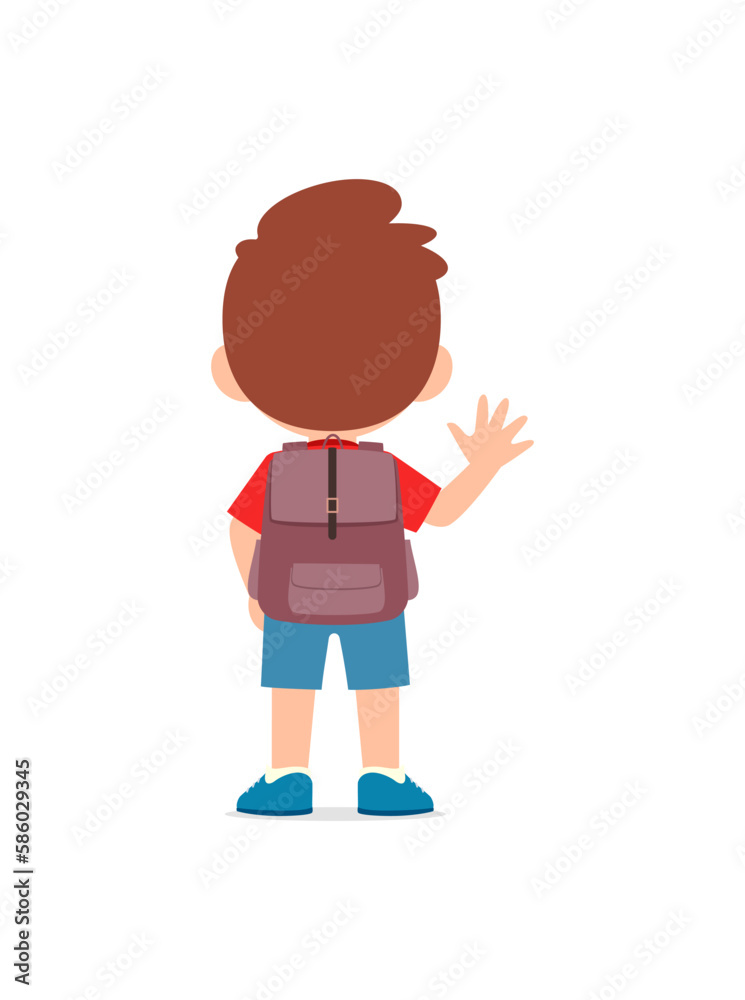 little kid go to school alone and feel happy, back view