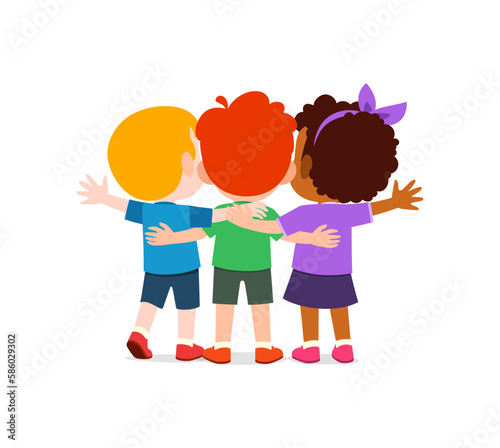 little kids huddle together with friends and feel happy, back view