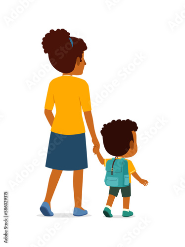 little kid holding hand with mother and go to school together
