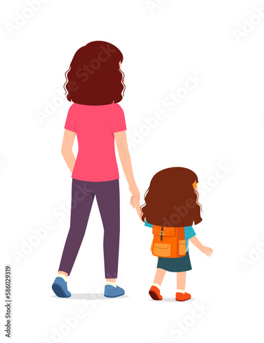 little kid holding hand with mother and go to school together