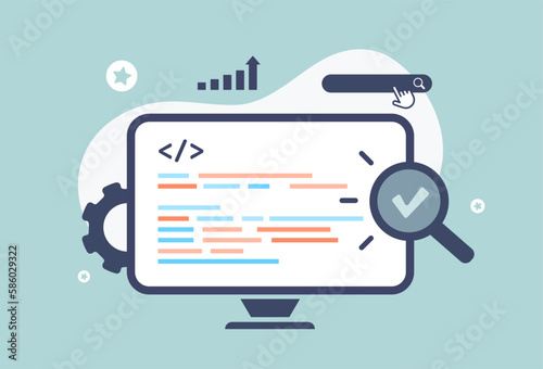 Optimize website SEO with Robots Meta Tags. Illustration shows HTTP header tags and SEO meta data description elements for search engine optimization photo