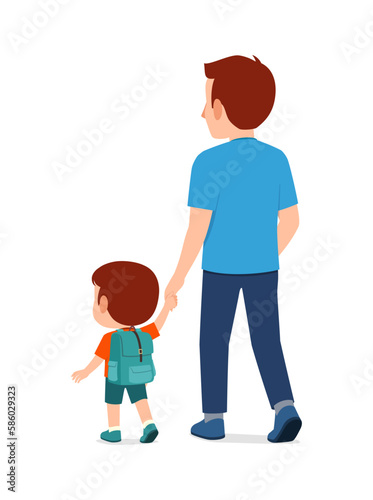 little kid holding hand with father and go to school together