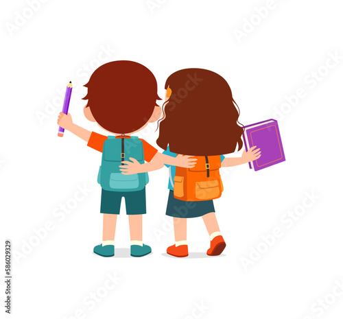 little kid holding hand with friend and go to school