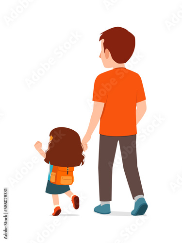 little kid holding hand with father and go to school together