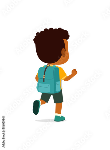 little kid go to school alone and feel happy, back view
