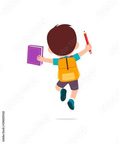 little kid go to school alone and feel happy, back view