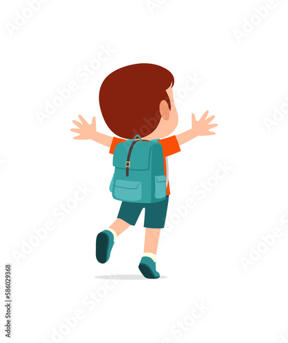 little kid go to school alone and feel happy, back view