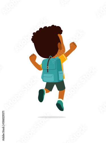 little kid go to school alone and feel happy, back view