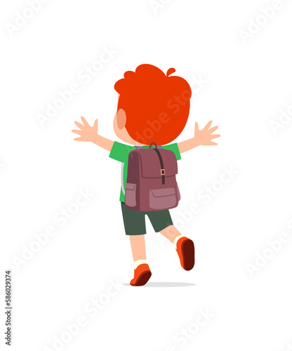 little kid go to school alone and feel happy, back view
