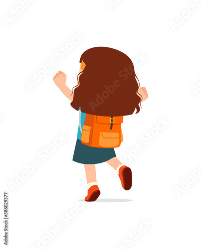 little kid go to school alone and feel happy, back view