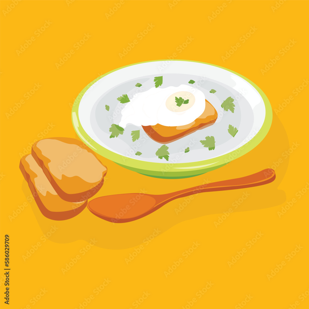 vector illustration Delicious Colombian Changua soup made from eggs, milk, herbs and bread close-up in a plate on the table
vector illustration Delicious Colombian Changua soup made from eggs, milk, herbs and bread close-up in a plate on the table