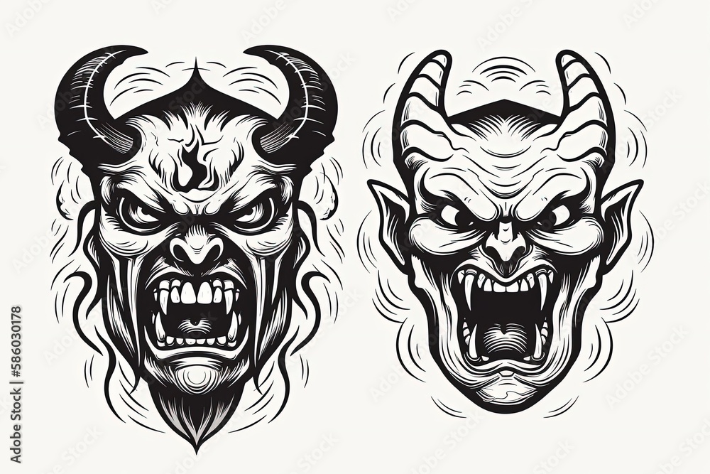 Illustration of two fierce demon masks with sharp fangs and horns created with Generative AI technology