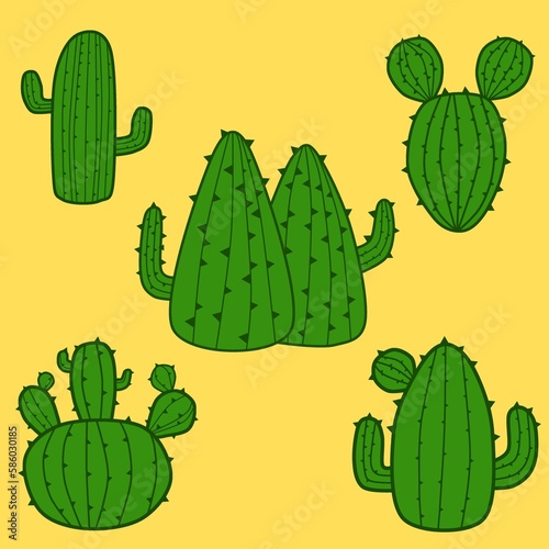Set of green cactus illustration on yellow background for decorating wallpaper and artworks. The idea of feeling hot weather and desert