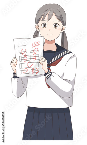 テストで100点満点を取る学生服の女の子(ツインテールへア)