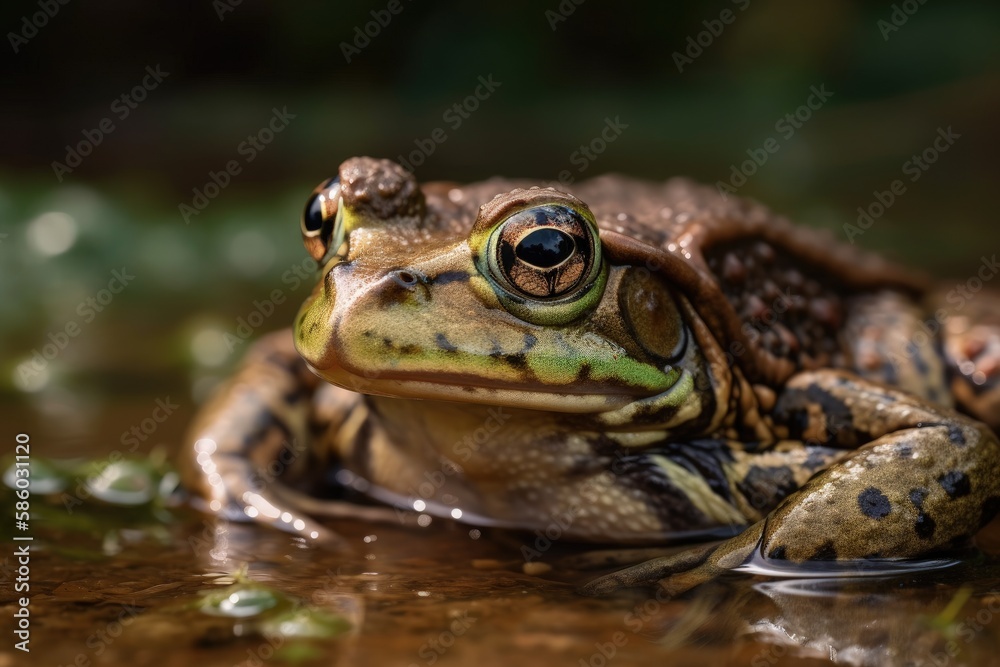 green frog perched on a water puddle created with Generative AI technology green frog perched on a water puddle created with Generative AI technology