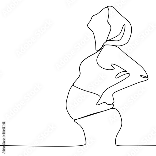 One line drawing of a happy pregnant woman, a silhouette photo of the mother. Vector illustration simplicity of design.