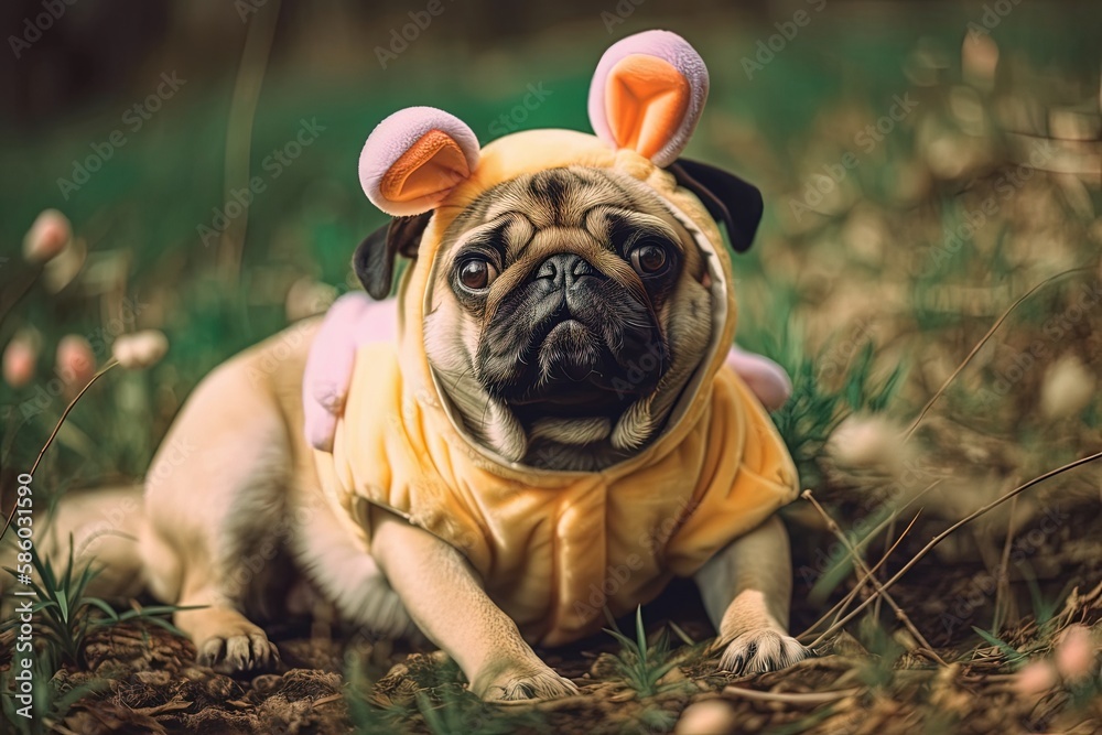 cute pug dog dressed up as a bunny for Easter created with Generative AI technology cute pug dog dressed up as a bunny for Easter created with Generative AI technology