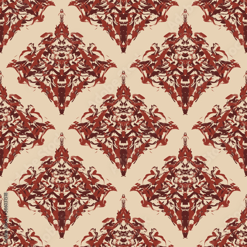 Ethnic Damask Pattern red tone on beige background.  Design for fabric, carpet, tile, background and wallpaper