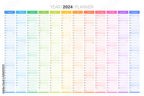Planner calendar for 2024 year, annual wall organizer, scheduler. Corporate and business planner, 12 months set. Printable schedule journal with space for personal notes vector illustration