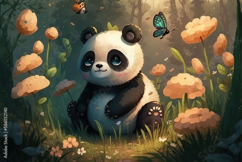 A cute panda bear sitting in the grass with a butterfly © shehbaz