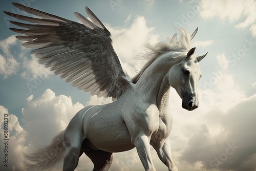 pegasus, a mythological animal, a horse with wings, gallops against the sky, generative AI