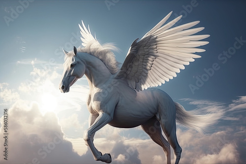 pegasus  a mythological animal  a horse with wings  gallops against the sky  generative AI