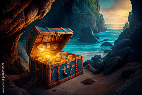 Pirate gold chest in a cave on the island. Generative AI, Generative, AI