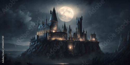 Mysterious castle lit by moonlight. Generative AI illustration