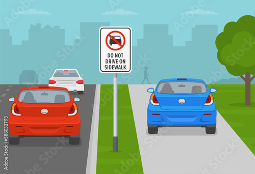 Do not drive on sidewalk traffic sign. Car moves on the sidewalk to avoid a traffic jam. Back view of a traffic flow. Flat vector illustration template.