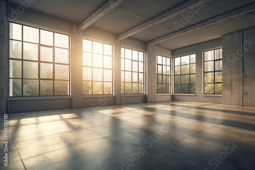empty room with large windows and tiled floor created with Generative AI technology
