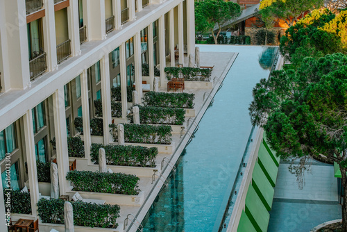 New hotel with a unique pool surrounding the entire hotel