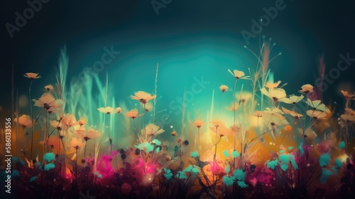beautiful flowers field background illustration, made with generative ai © Interstellar
