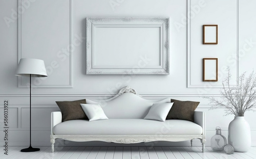 White Picture frame hanging on white wall, white sofa, simple wooden frame, Boho style, Generative IA