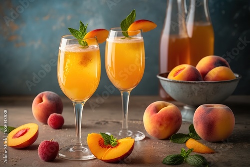 Peach mimosa or Bellini cocktails for brunch