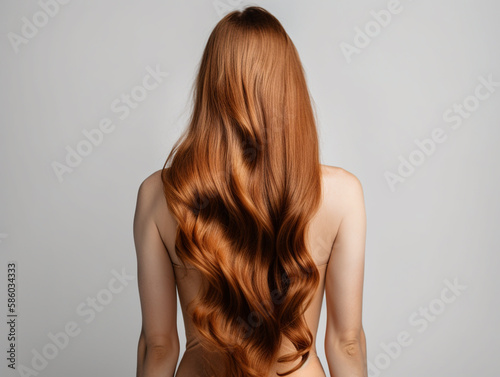 Woman with long and shiny hair on isolated background. back view. Generative AI