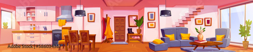 Panoramic home interior with kitchen and living room. Cartoon vector house furniture design and stair with sunlight. Empty modern studio apartment indoor horizontal front view. Big window in hallway.