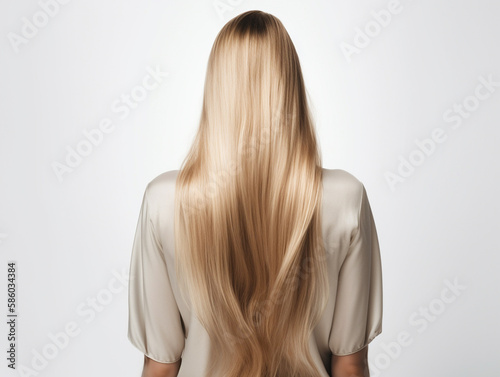 Woman with long and shiny hair on isolated background. back view. Generative AI photo