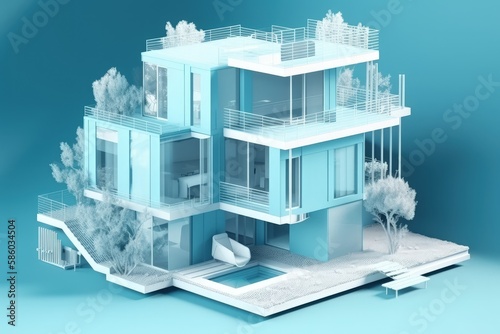 modern 3D house design on a blue background created with Generative AI technology © AkuAku