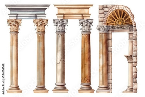 Illustration of Four Different Types of Classical Columns in Architecture created with Generative AI technology photo