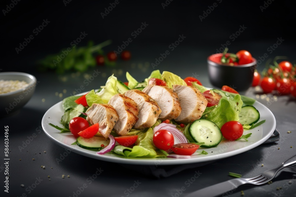Grilled sliced chicken breast fillet with fresh vegetable salad on white plate on black background Grilled sliced chicken breast fillet with fresh vegetable salad on white plate on black background