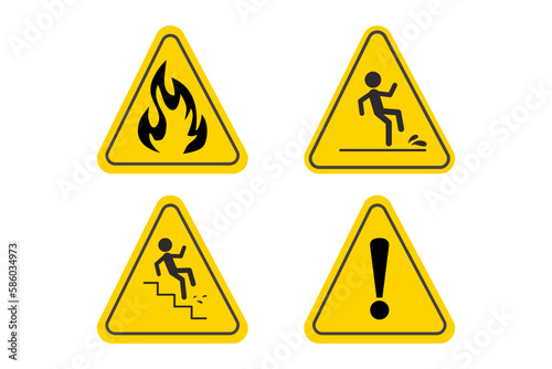 Set triangle danger sign Flammable Liquid, wet flor, staircase signs isolated on white background.