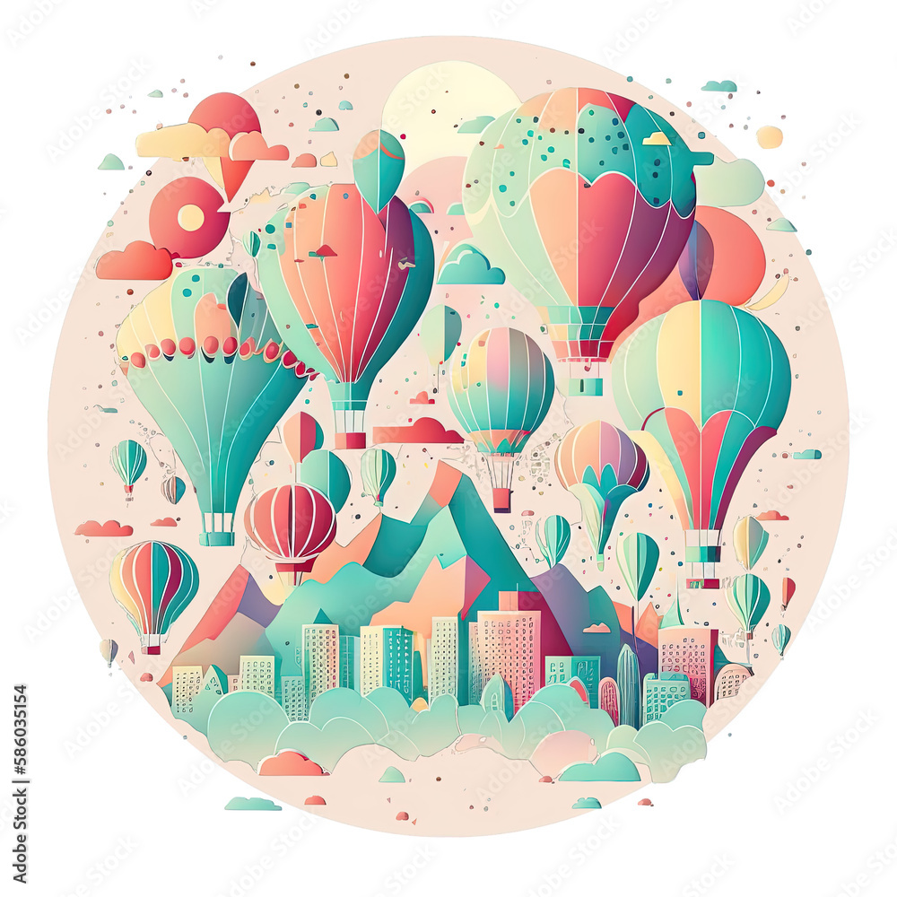 Fototapeta Whimsical and playful pastel illustration artwork in delicate linework of balloon travel, outdoor, or roadtrip vacation destination. Isolated on transparent background. Created using Generative AI.