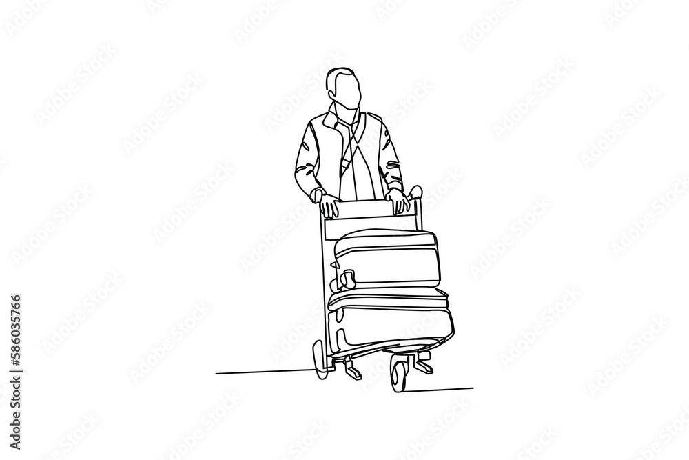 Continuous one-line drawing a man traveling with two big suitcases. Airport activity concept. Single line drawing design graphic vector illustration Continuous one-line drawing a man traveling with two big suitcases. Airport activity concept. Single line drawing design graphic vector illustration